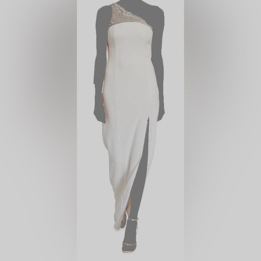 Jay Godfrey Elegant silver sequin white high slit gown Size 14. HEAD TURNER!!!!